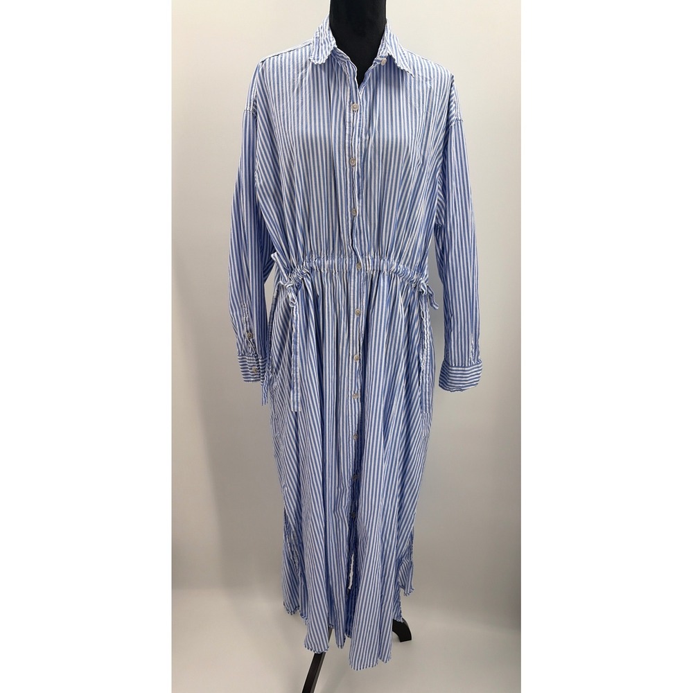 Universal Thread Blue White Striped Cinch Waist Maxi Shirtdress Womens Large L